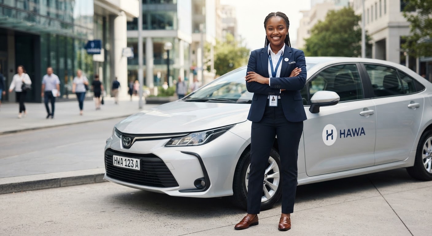 A professional Hawa driver beside a vehicle
